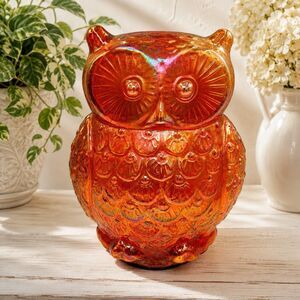 Vintage Marigold Carnival Glass Owl Figurine 9” Iridescent Art Glass India